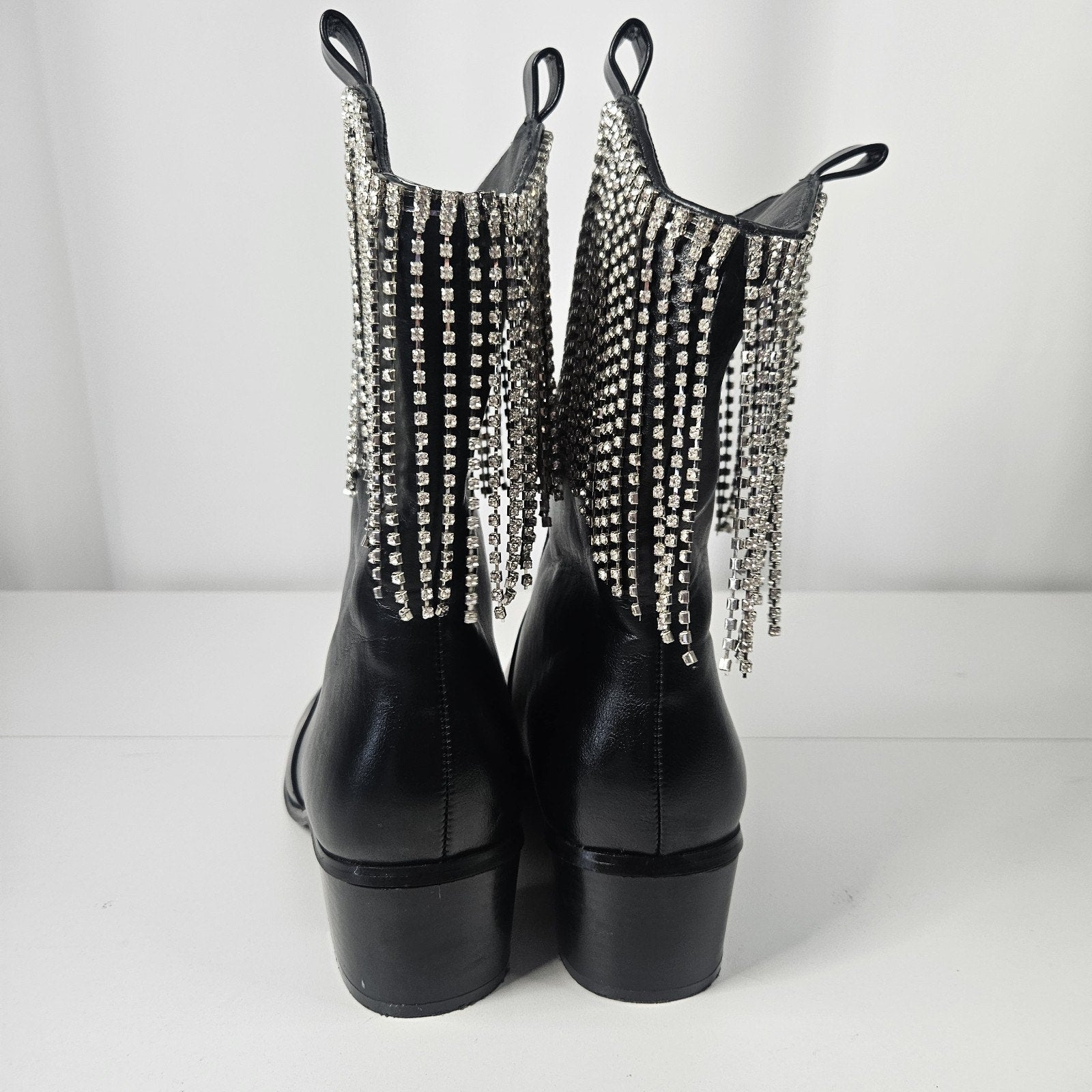 Embellished Rhinestone Fringe Black Edgy Western Boots 8.5 M Cowgirl Rodeo Glam