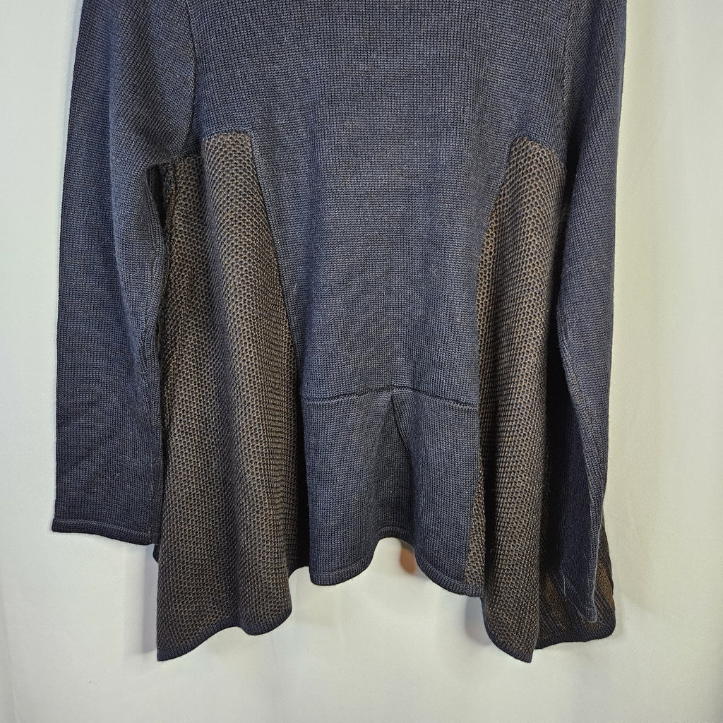 Woman’s Gizel Blue & Brown Block Design Sweater Jacket Acrylic Wool Blend L/XL
