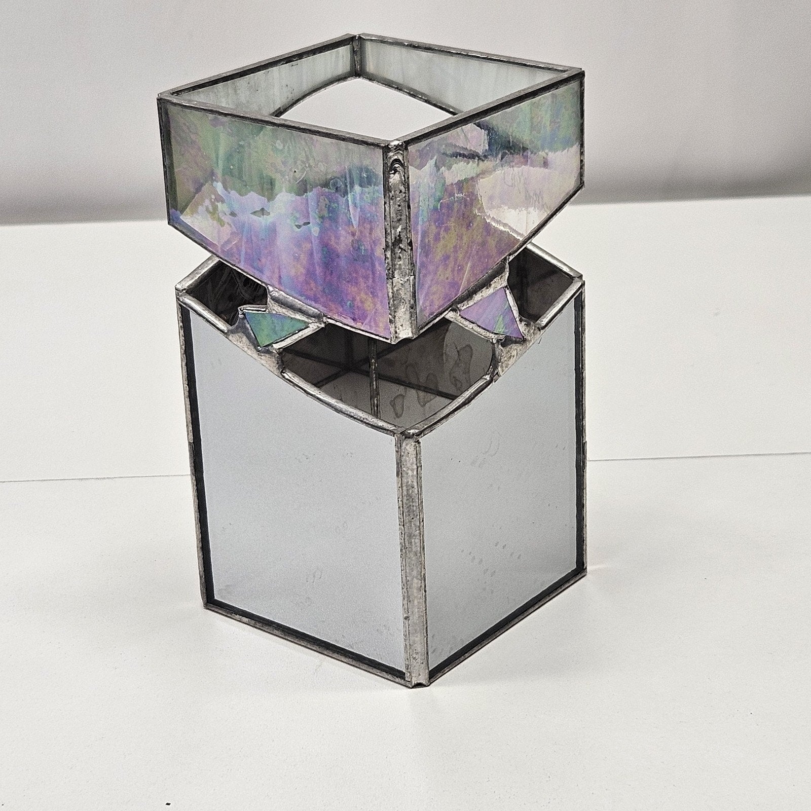 Vintage Leaded Beveled Stained Glass Candle Holder Votive Open Bottom Abstract