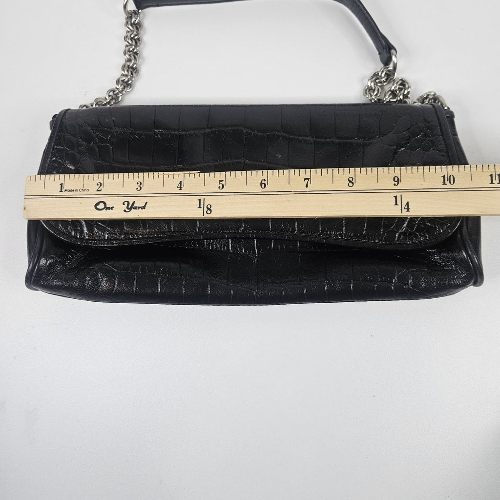 Anne Klein Black Faux Croco Embossed Leather Flap Chain Strap Purse Shoulder Bag