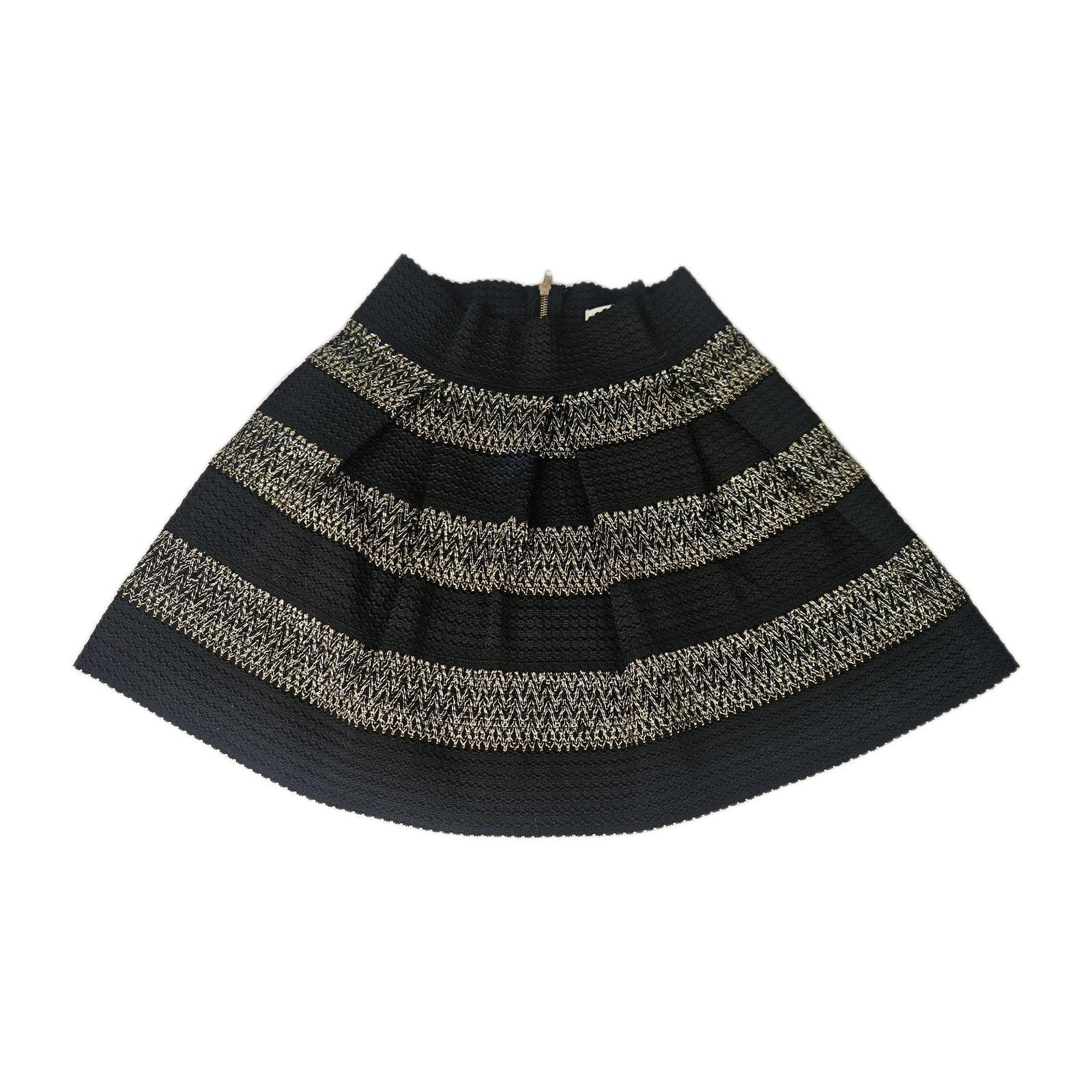 Ginger G Women's Mini Skirt A Line Pleated Black Gold Medium Holiday Metallic