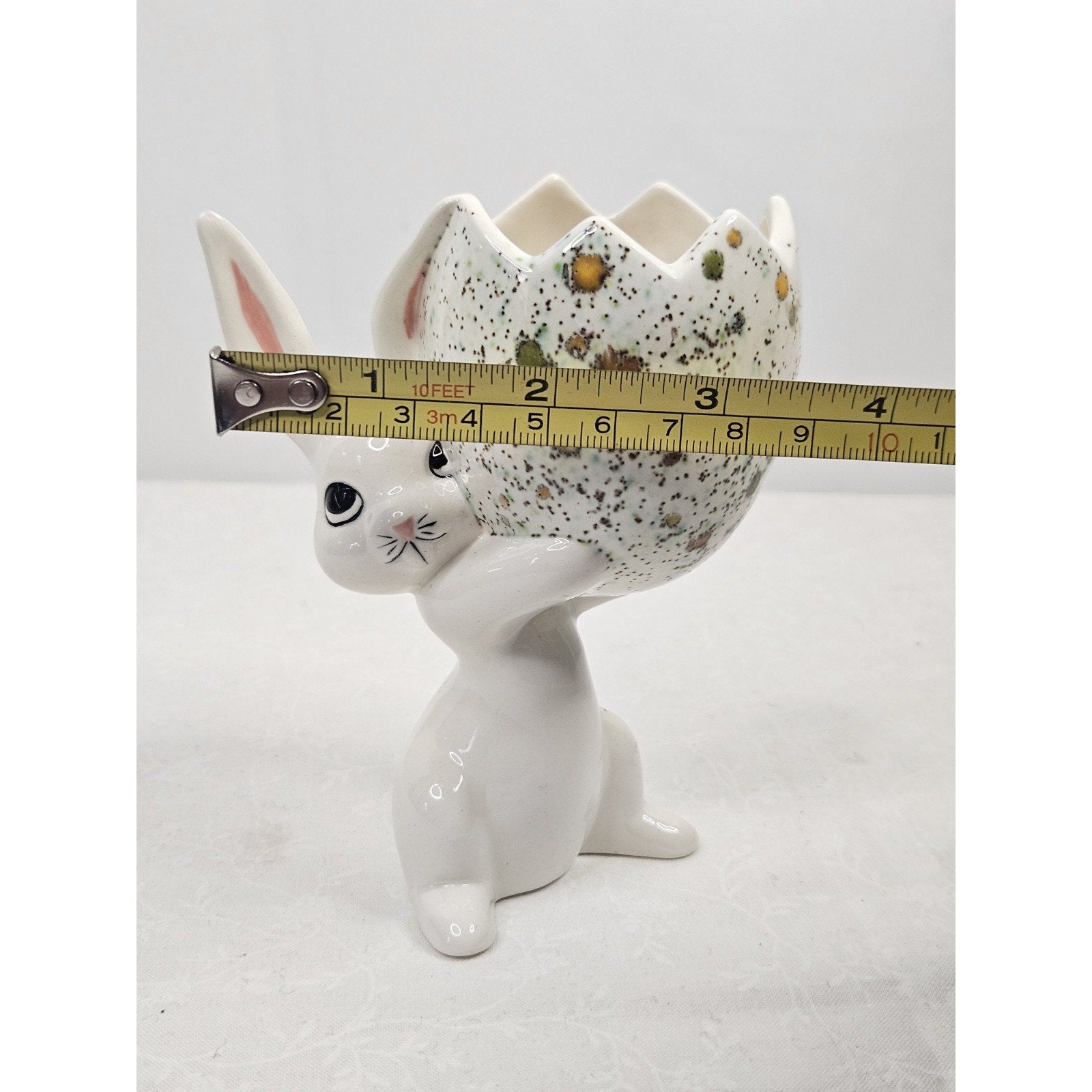 Vintage Mid Century Hand Painted Porcelain Bunny Holding Egg Easter Spring Art