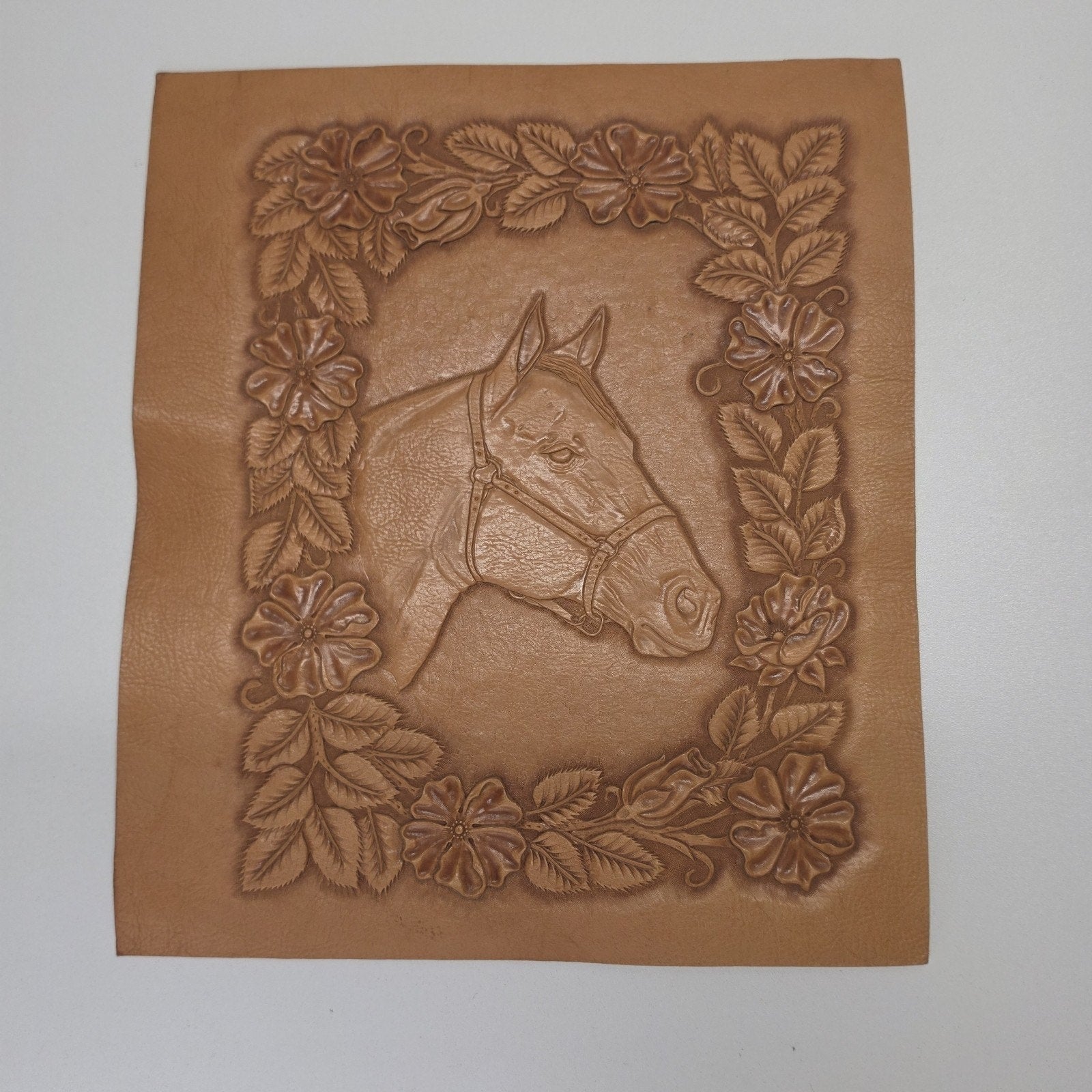 Artist Handmade Embossed Leather Frameable Artwork Horse Equestrian 12x14"