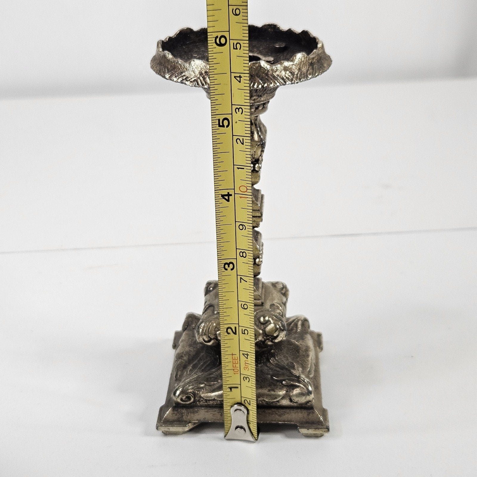 Vtg 19th Century Ornate Scrollwork Metal Candlesticks Pair Romantic Victorian