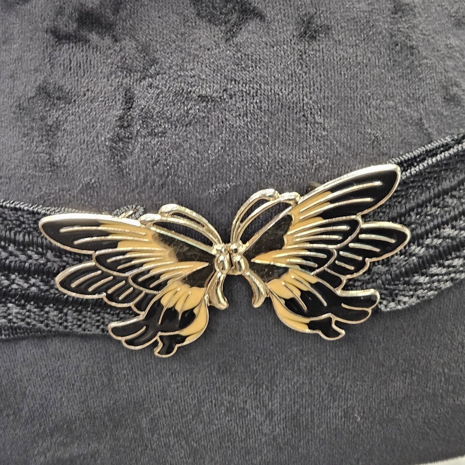 80s Black Gold Butterfly Buckle Clasp Black Cinch Waist Belt Size 36 Whimsygoth