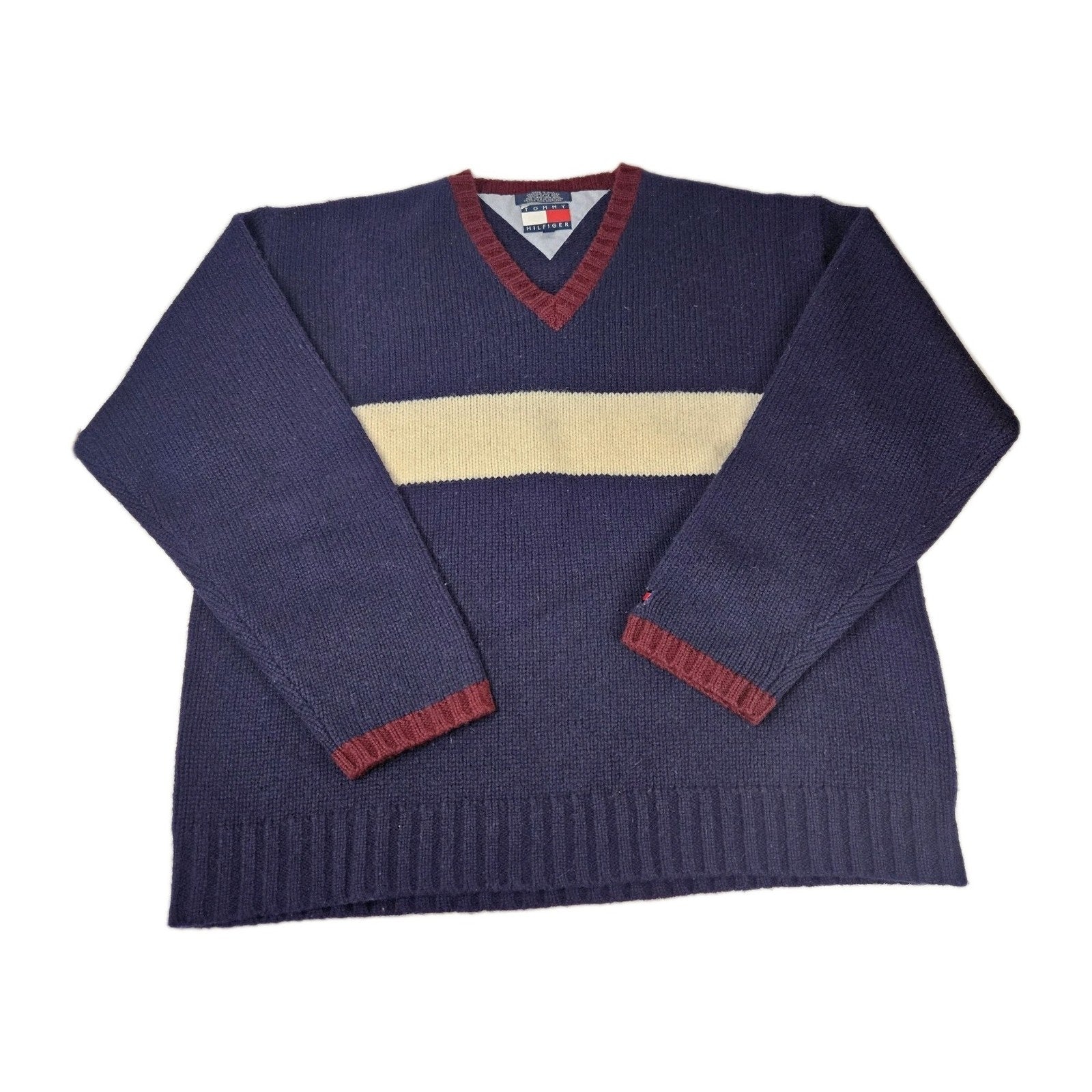 90s Y2K Tommy Hilfiger Shetland Wool Flag Sweater XL Knit Classic Preppy VTG