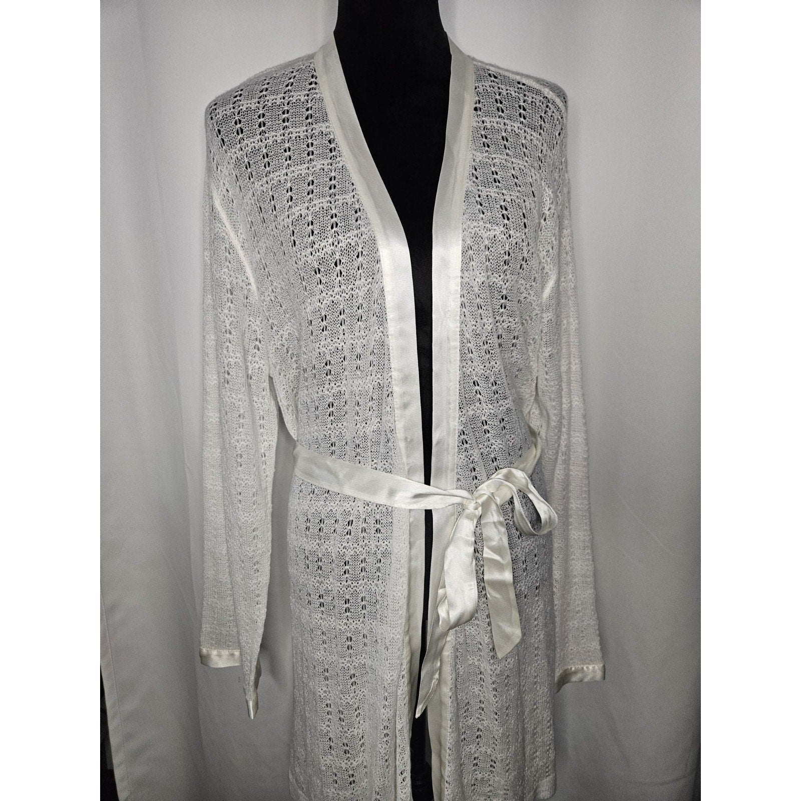 Vintage Apostrophe Robe Kimono Nightgown White Cream Crochet Lace Floral Large