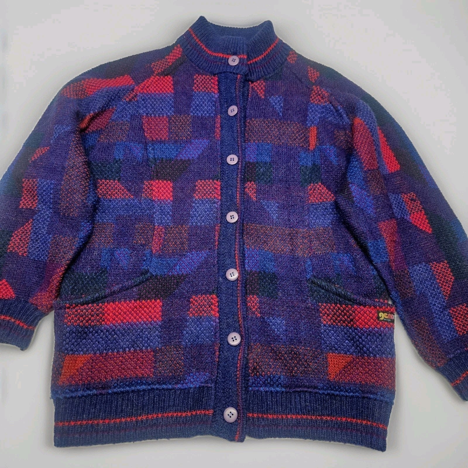 Vtg 80s Womens Crowneck Long Cardigan Sweater Geometric Knit Wool Mohair XL