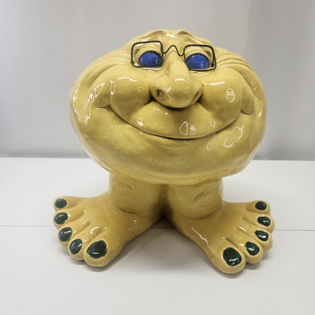 Vintage Handmade Funny Face Troll Ceramic Planter Yellow Garden Gnome Yard Art