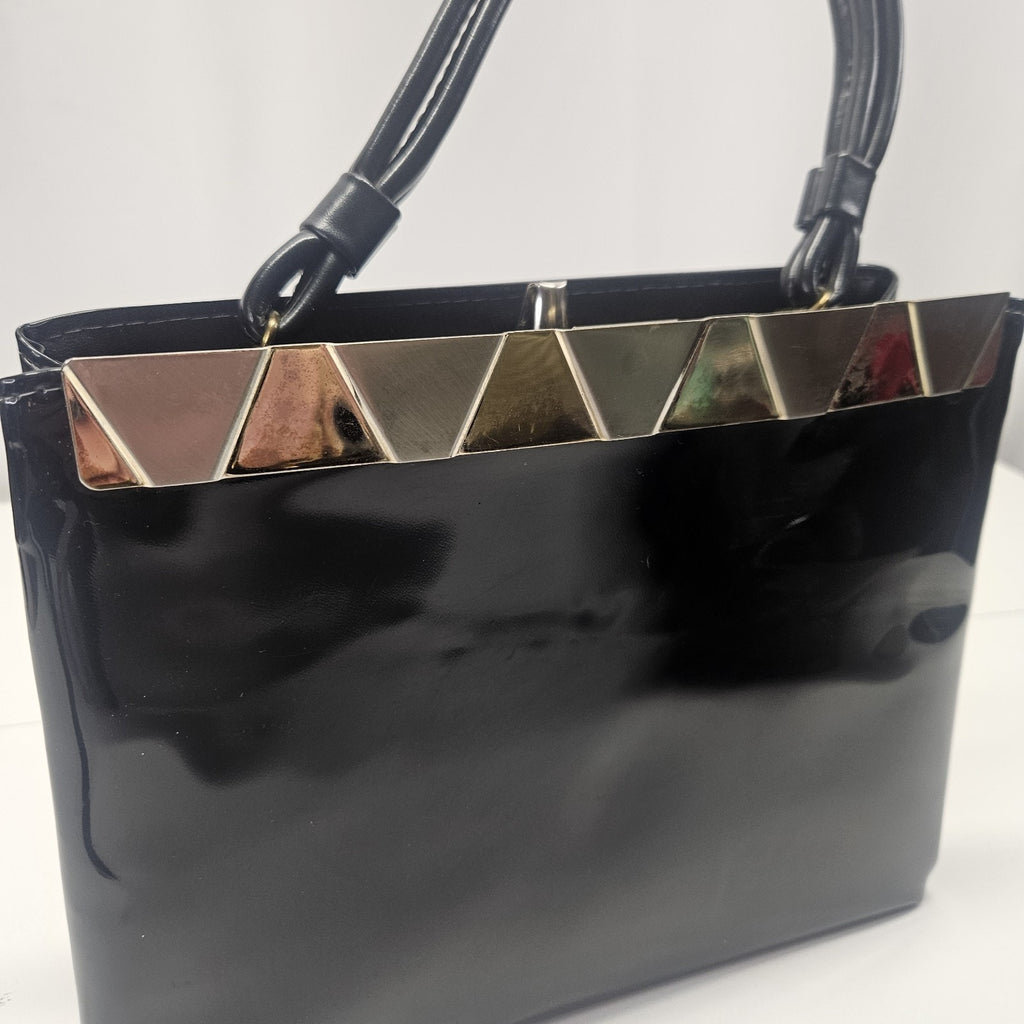 Vtg 1960s MCM Cara Shiny Black Patent Leather Bag Gold & Silver Trim Top Handles