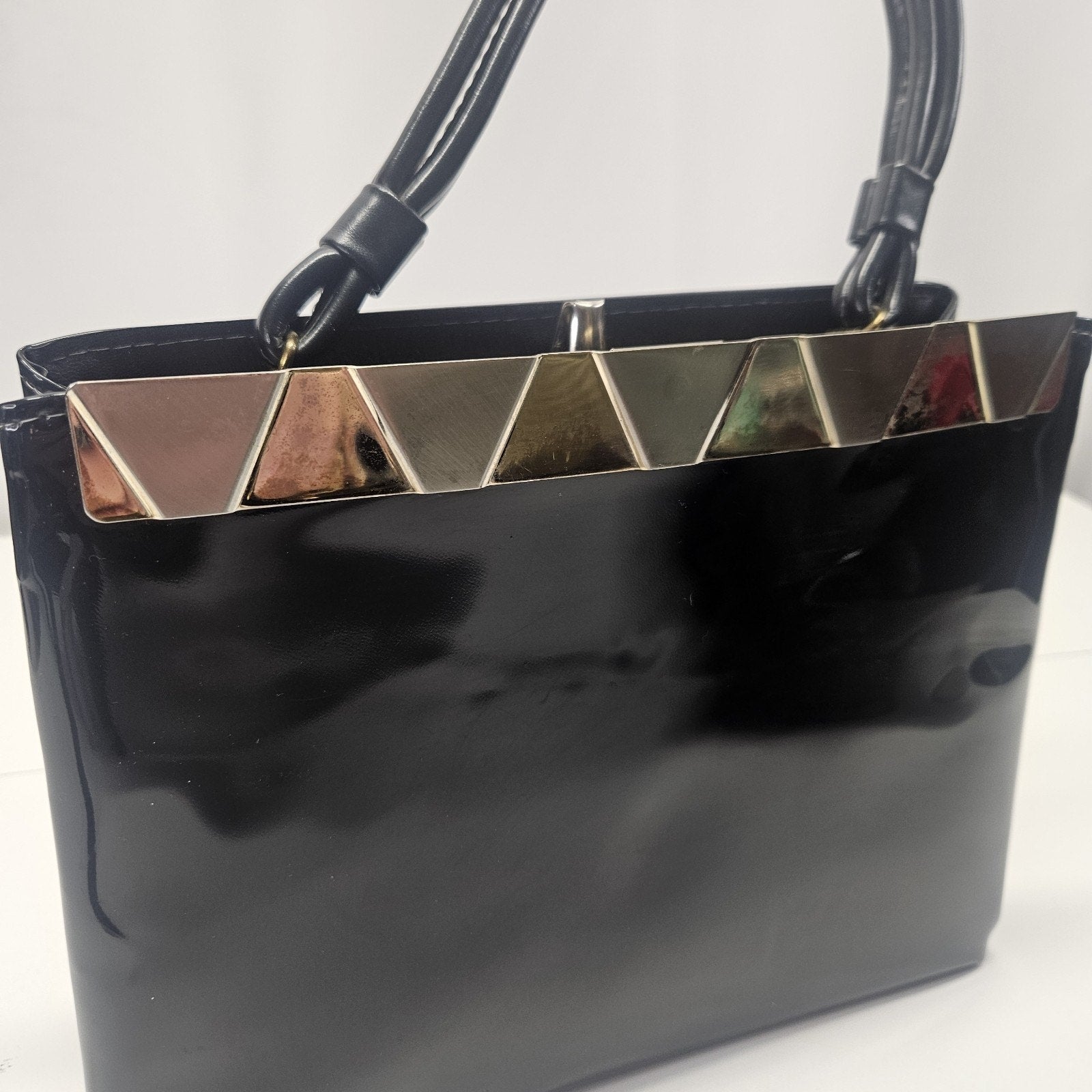 Vtg 1960s MCM Cara Shiny Black Patent Leather Bag Gold & Silver Trim Top Handles