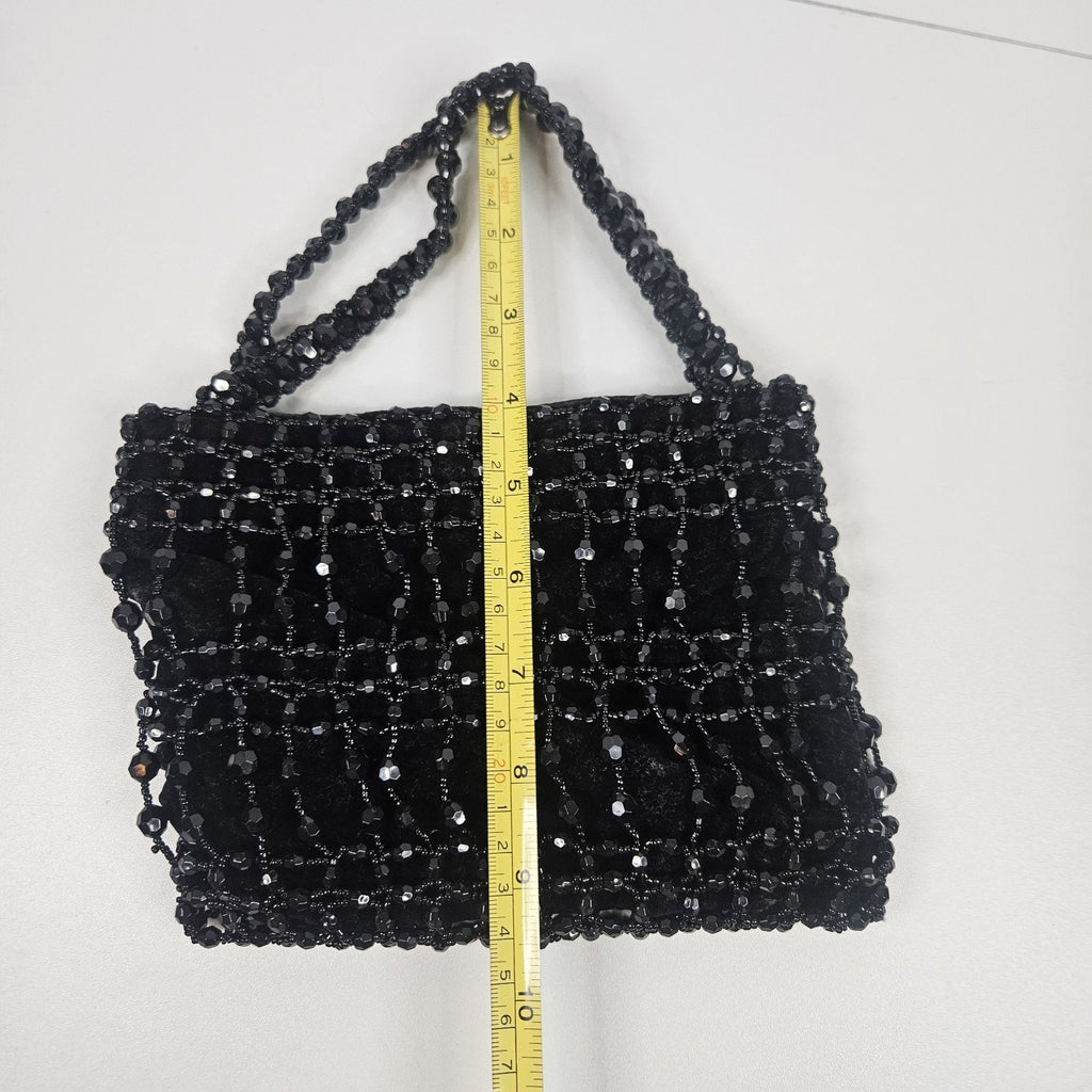 Vtg Black Beaded Drawstring Evening Bag Prom Formal 20s Flapper Accessory Purse