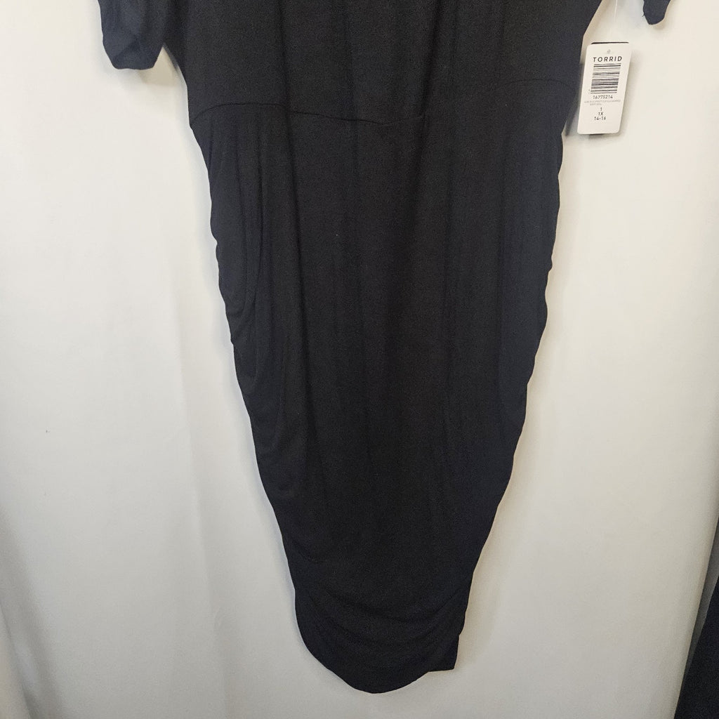 Torrid NEW Ruched Super Soft Elbow Sleeve Bodycon Dress Black Comfy Sz 1X