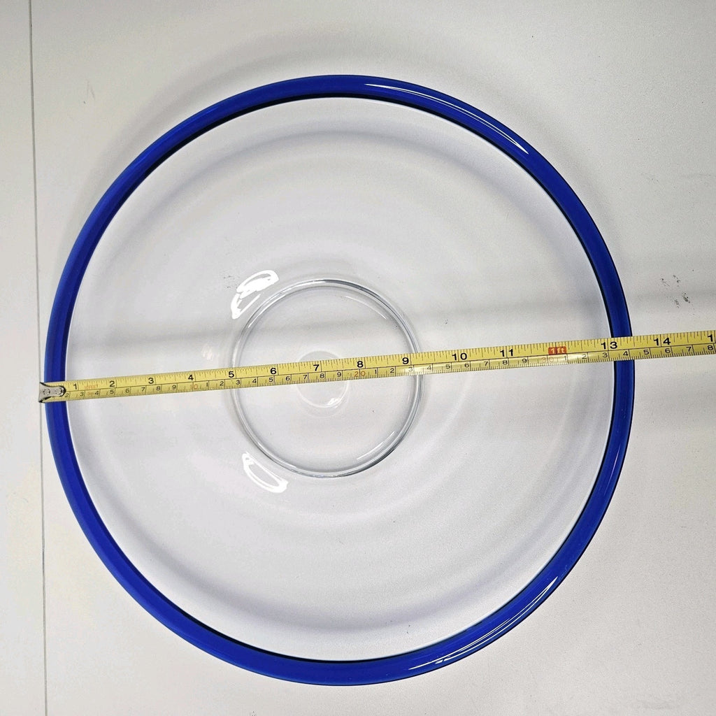 Vintage Hand Blown Blue Rim Clear Glass Platter Plate 13-3/4" Modern Candle Tray