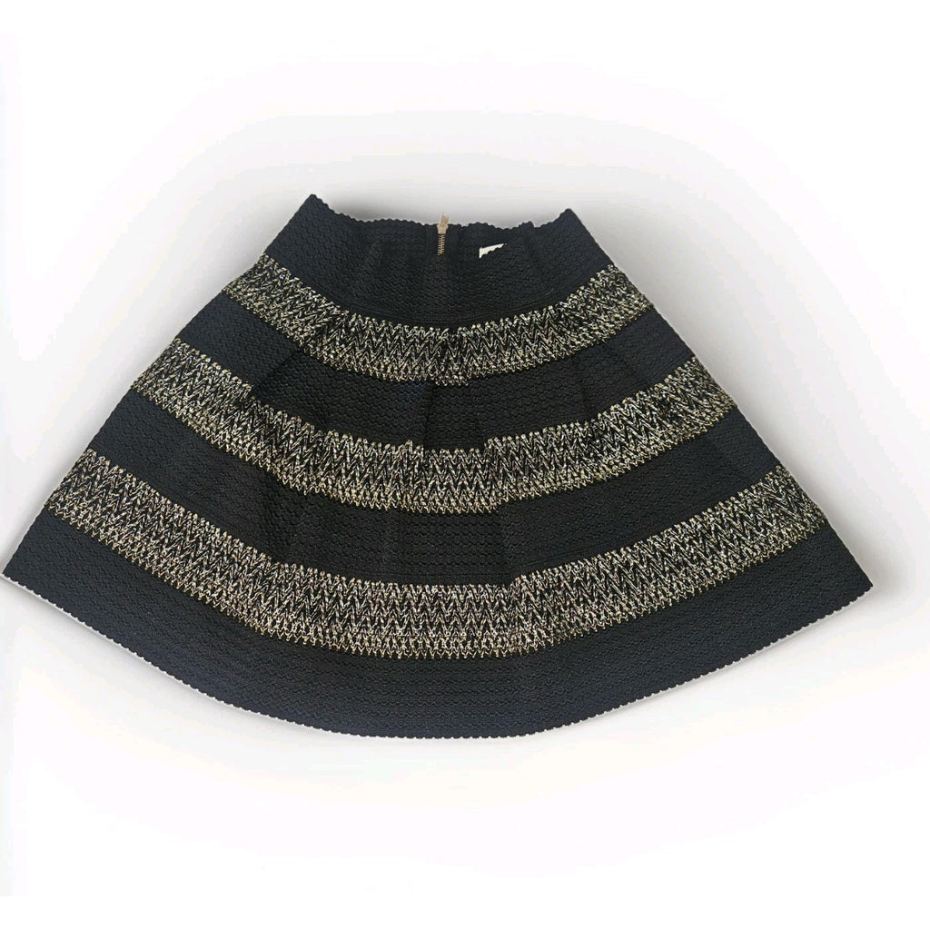 Ginger G Women's Mini Skirt A Line Pleated Black Gold Medium Holiday Metallic