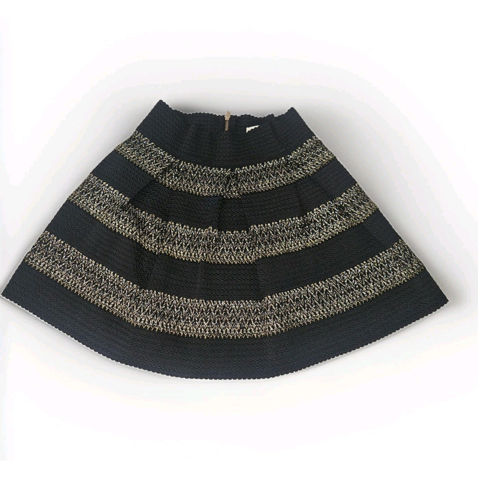 Ginger G Women's Mini Skirt A Line Pleated Black Gold Medium Holiday Metallic