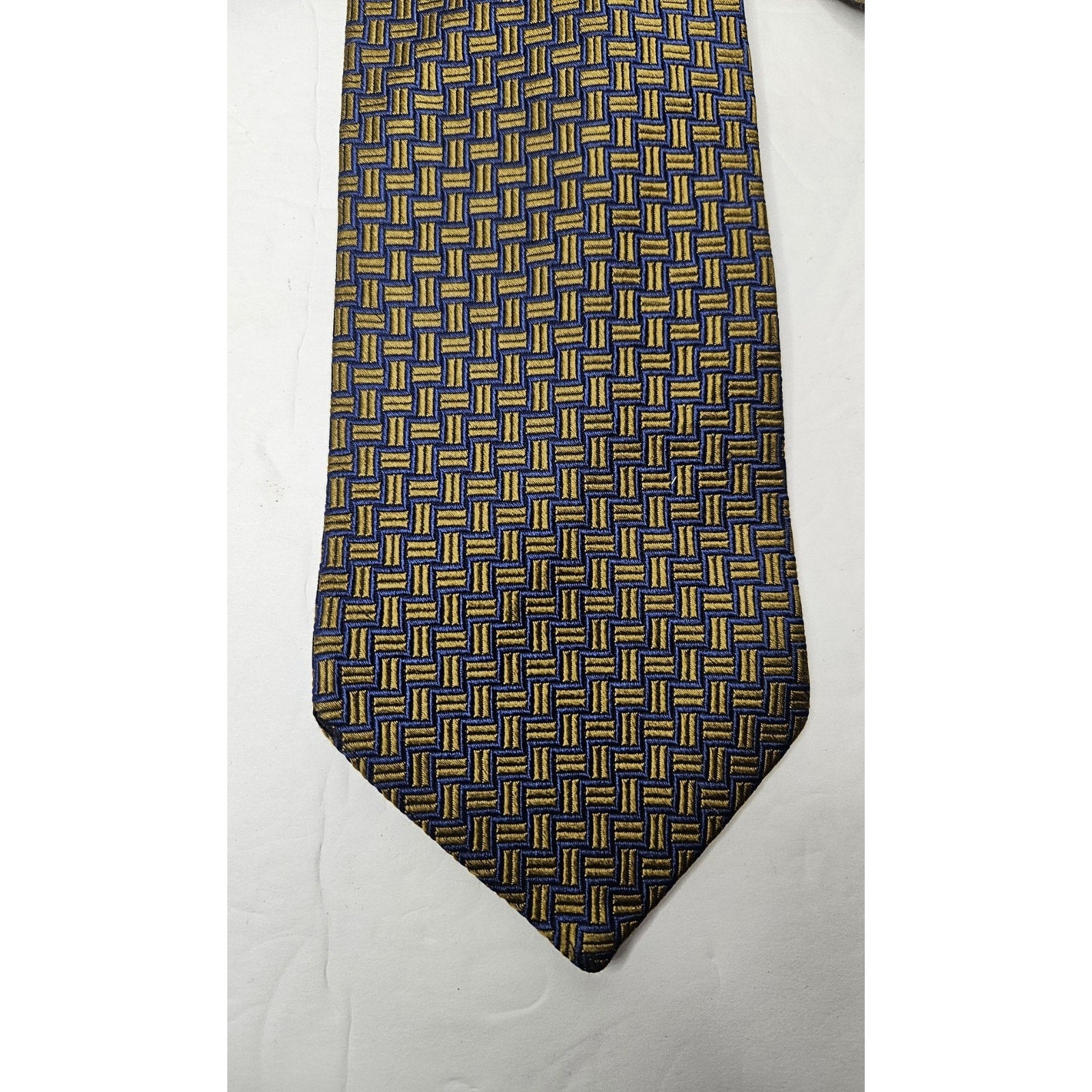 Brooks Brothers Makers USA + English Silk Navy Blue w/Yellow Jacquard Tie