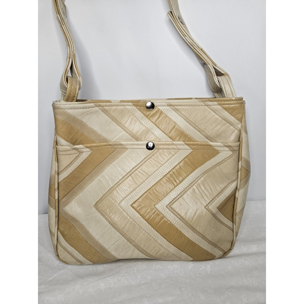 Vintage 70s Handmade Cream Tan Leather Tote Handbag Purse Shoulder Bag Chevron