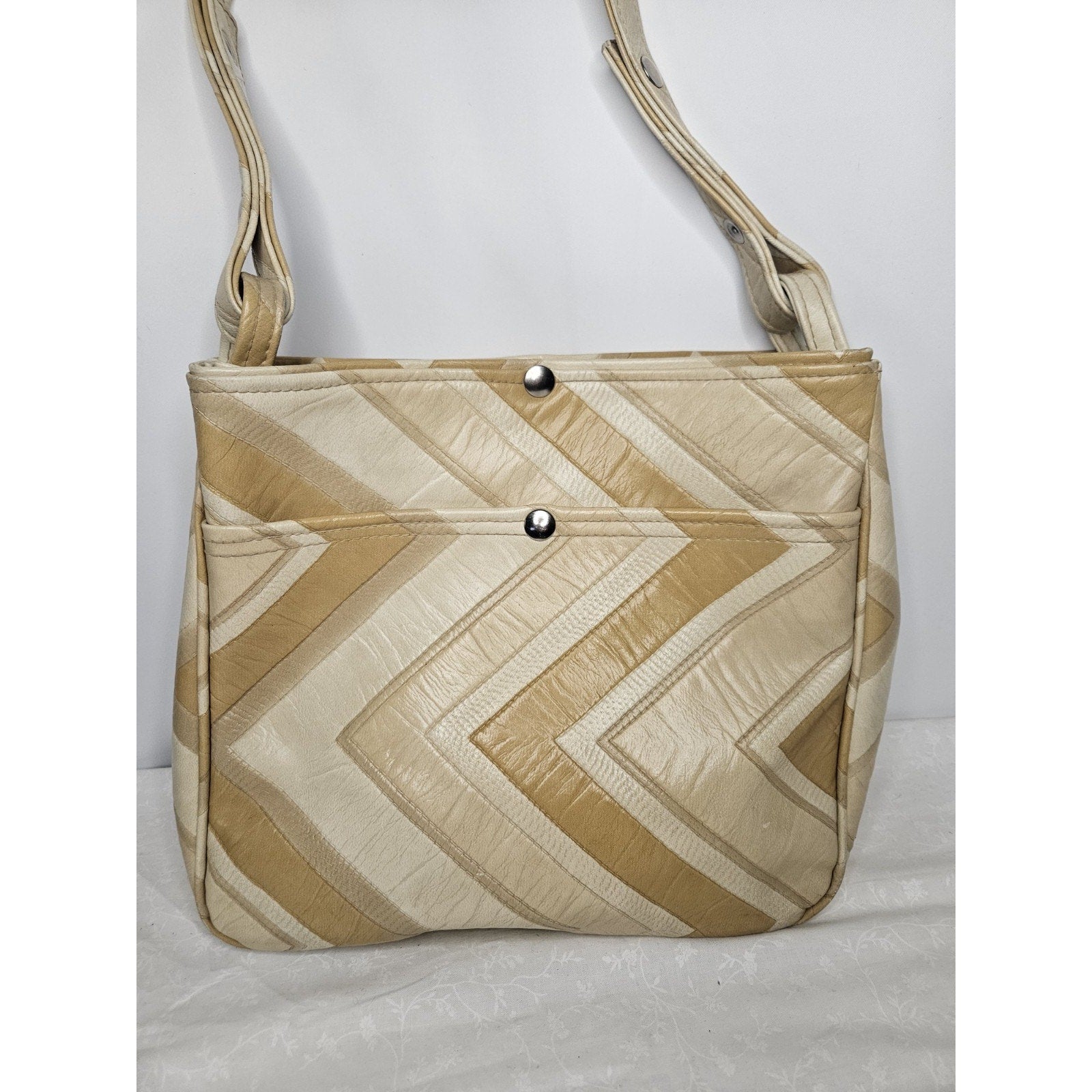 Vintage 70s Handmade Cream Tan Leather Tote Handbag Purse Shoulder Bag Chevron