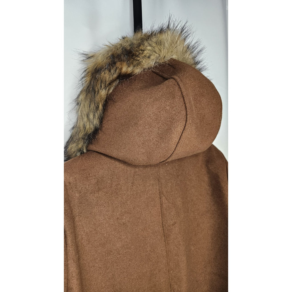 Nine West Hooded Faux Fur Trim Wool Blend Peacoat Size XL Brown Long Jacket