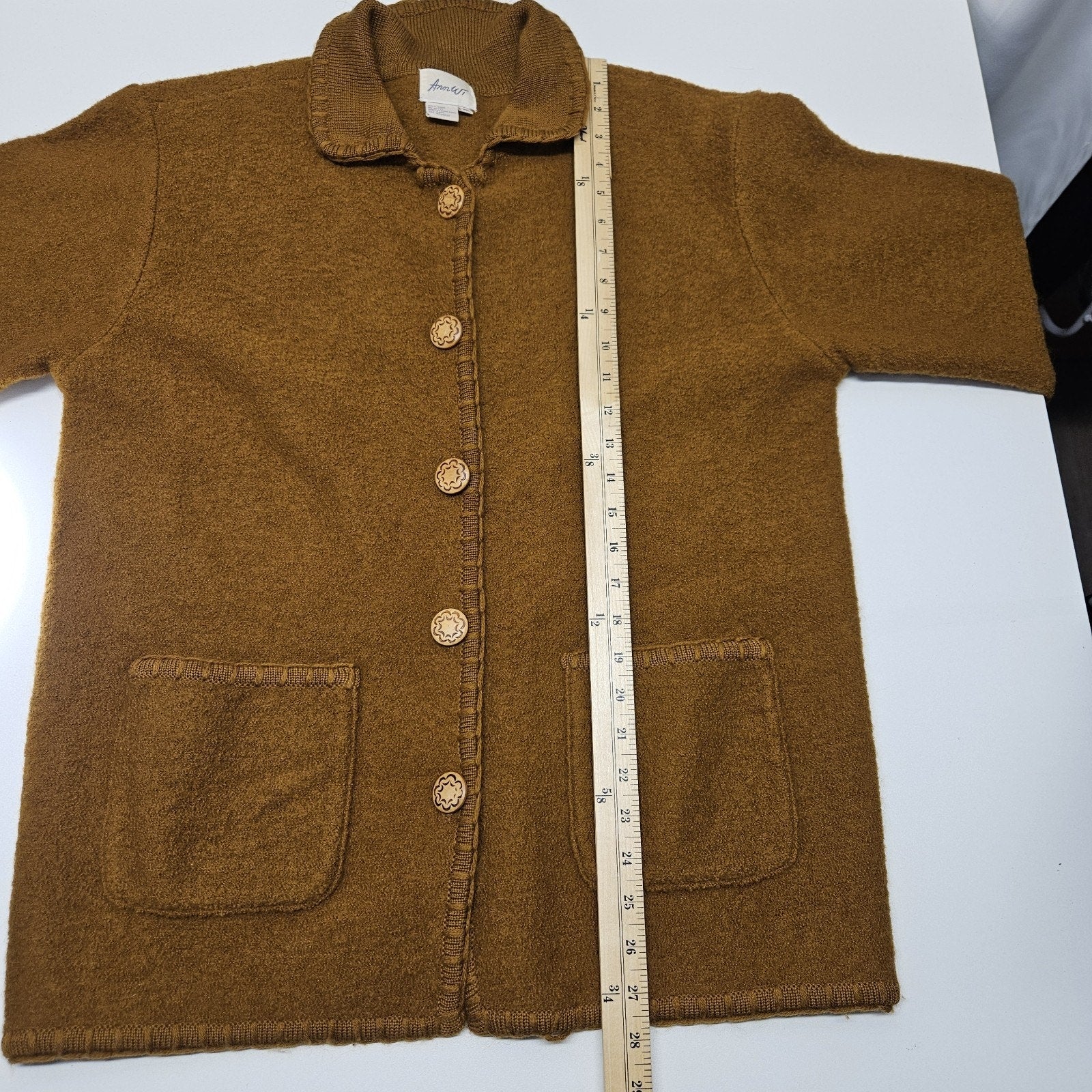 Vtg Ann Wi 100% Wool Button Up Collared Cardigan Midi Sweater Med Boho Cottage