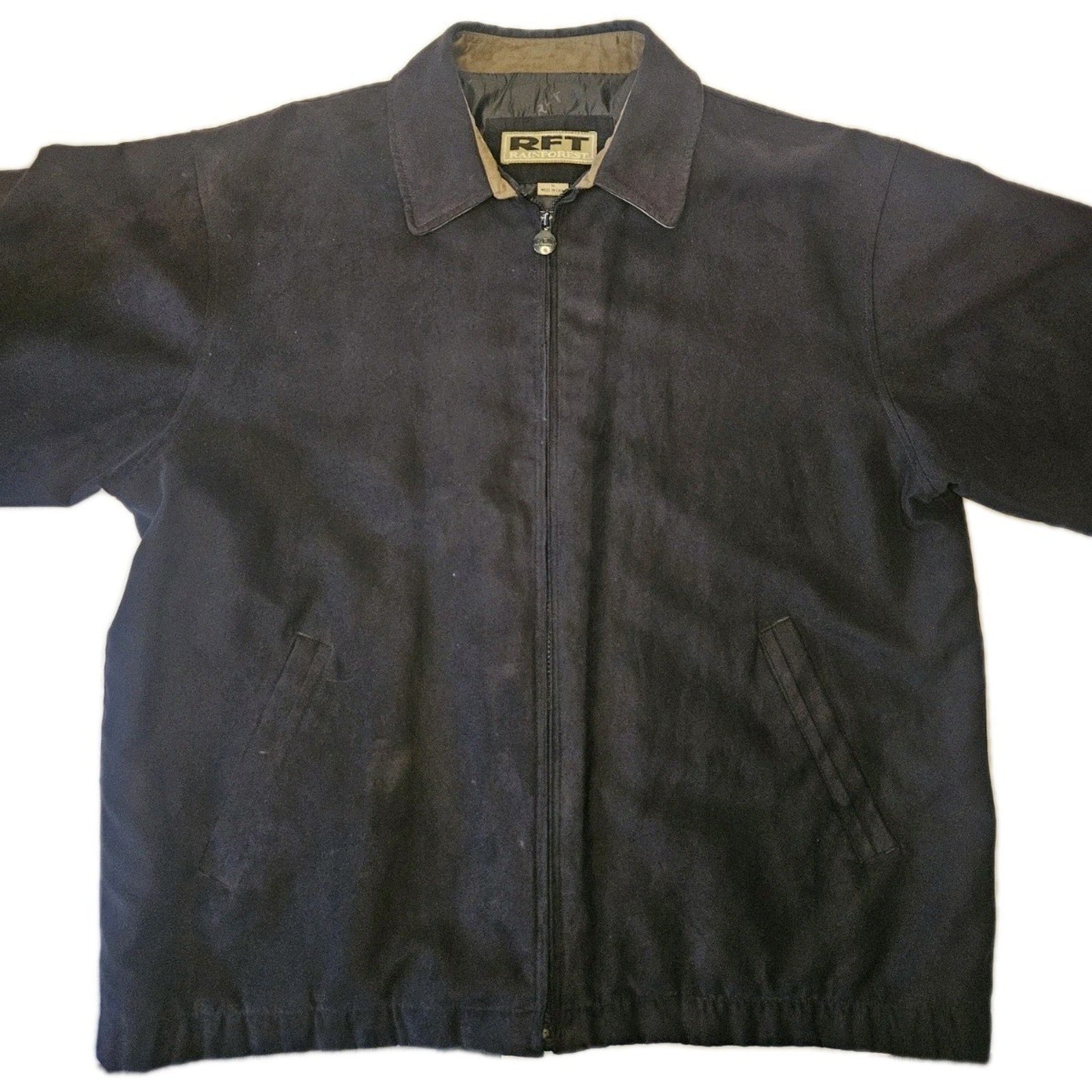 Vintage RFT Rainforest Black Micro Suede Jacket XL Inside Zipper Phone Pocket
