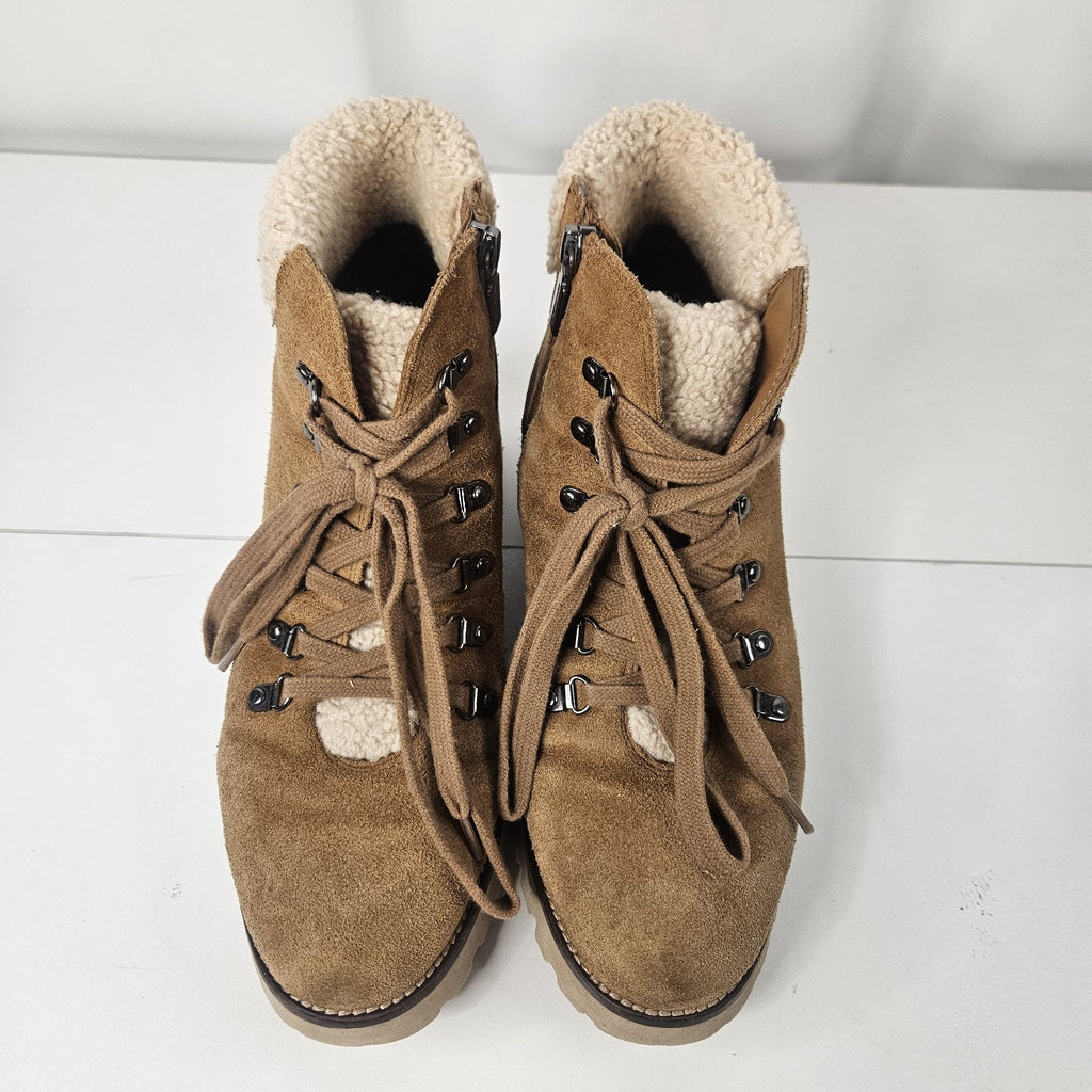 Blondo Devin Lace-Up Faux-Fur Waterproof Boots Suede Bootie 9.5 M Camel