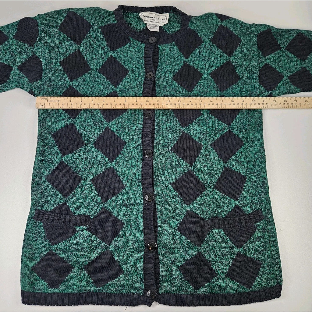 Vtg 90s Knit Cardigan Sweater Womens Small Boho Cottage Green Navy Checkered