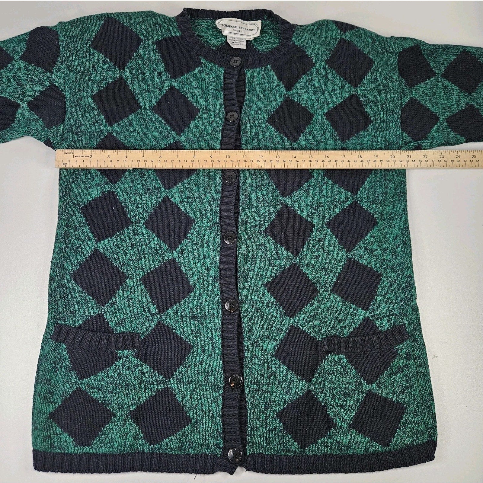 Vtg 90s Knit Cardigan Sweater Womens Small Boho Cottage Green Navy Checkered