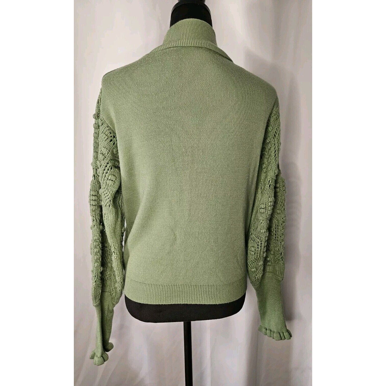AQE Fashion Turtleneck Balloon Lace Sleeve Sweater Green Boho Fairy Small