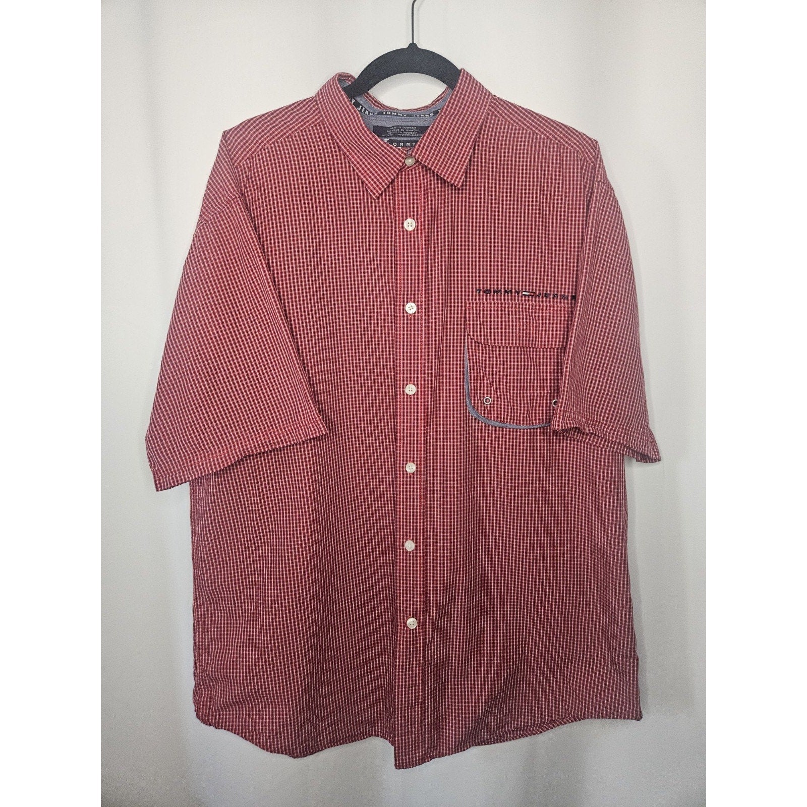 Tommy Hilfiger Jeans Men's Size XL Short Sleeve Button Front Shirt Red Check Y2K
