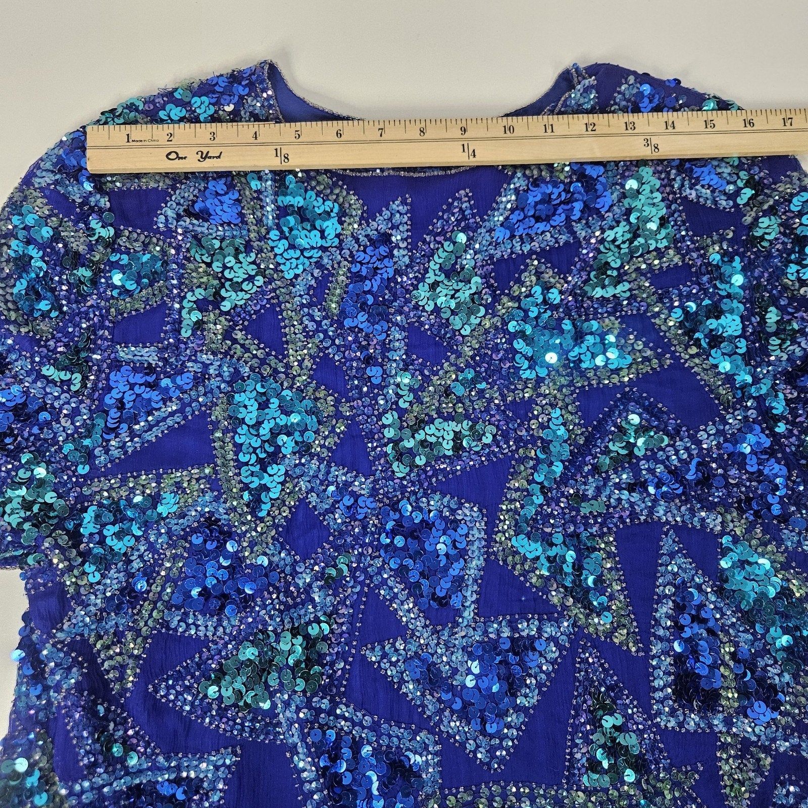 Sequin Beaded Silk Top 90s Vintage Blue Green Blouse Gatsby Glam Party Large