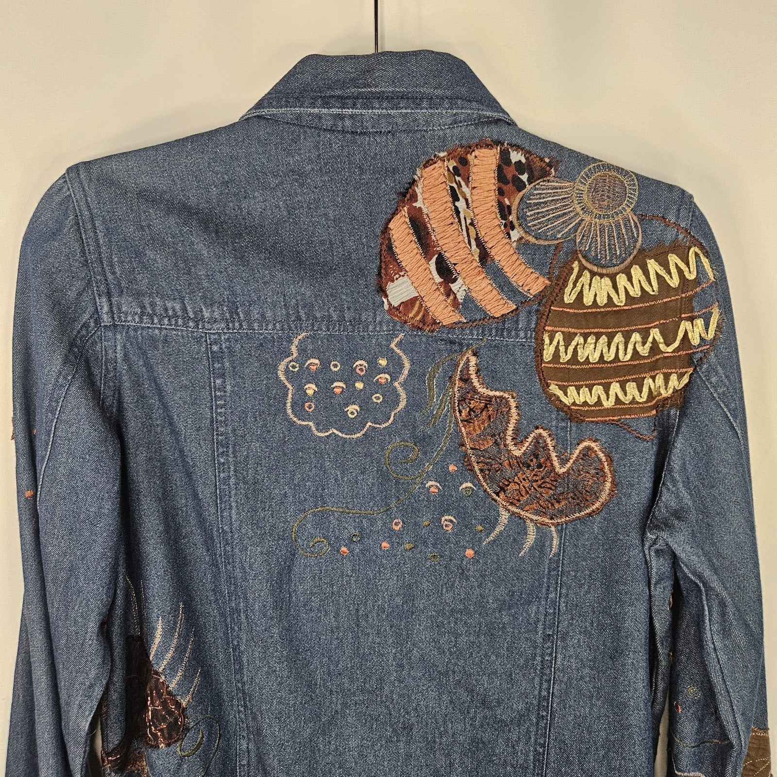 Vintage Boho Patchwork Embroidered Blue Denim Shirt Top Size Small Artsy Cottage