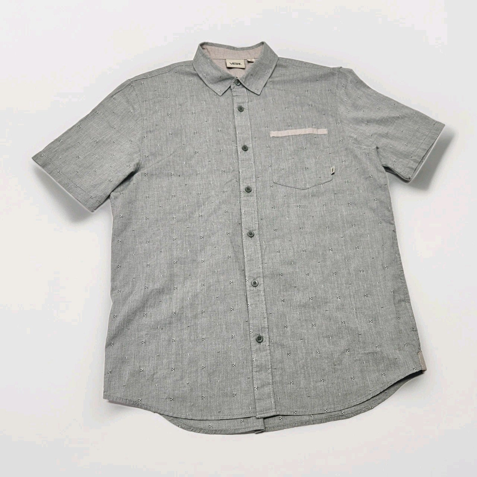 Van's Men's Short Sleeve Button Up Cotton Shirt Gray Green Shirt Size Medium EUC