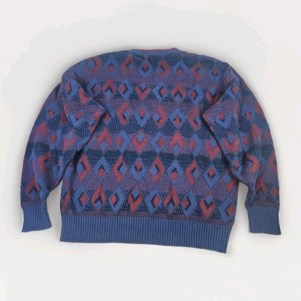 Vintage 3D Knit Geometric V Neck Sweater Size Large 90s Boxy Isle Of Cotton USA