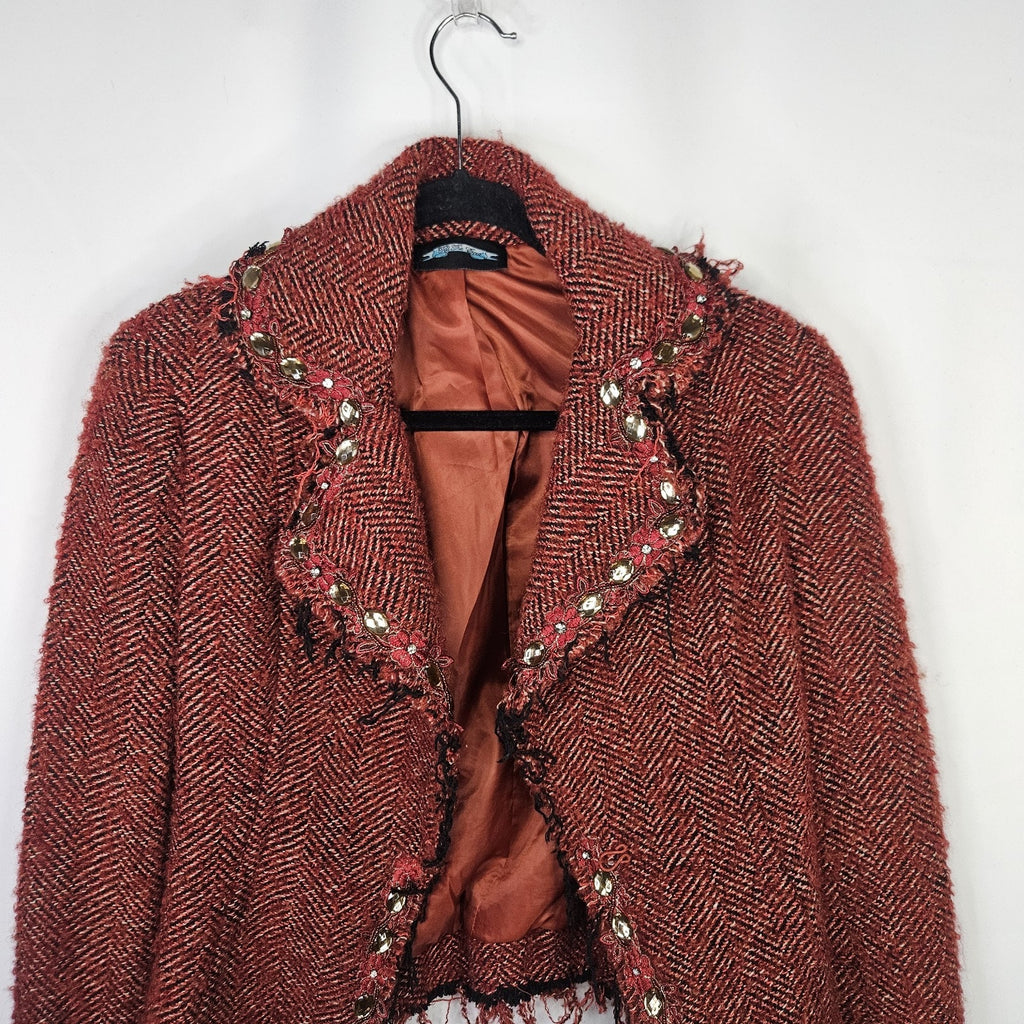 Vtg Y2K Funkyard Fabulous Till End Maroon Embellished Tweed Jacket Medium Wool B