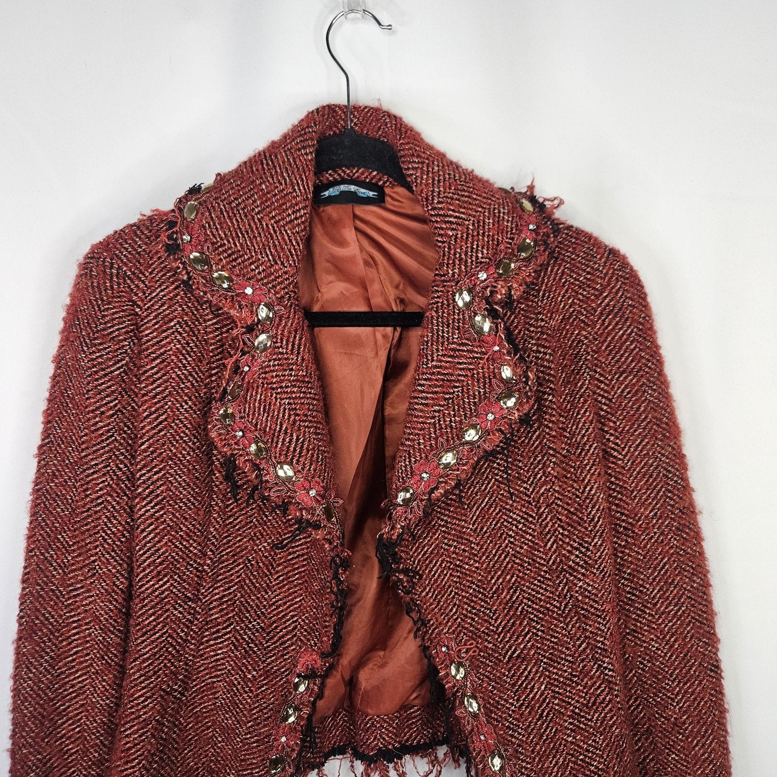 Vtg Y2K Funkyard Fabulous Till End Maroon Embellished Tweed Jacket Medium Wool B