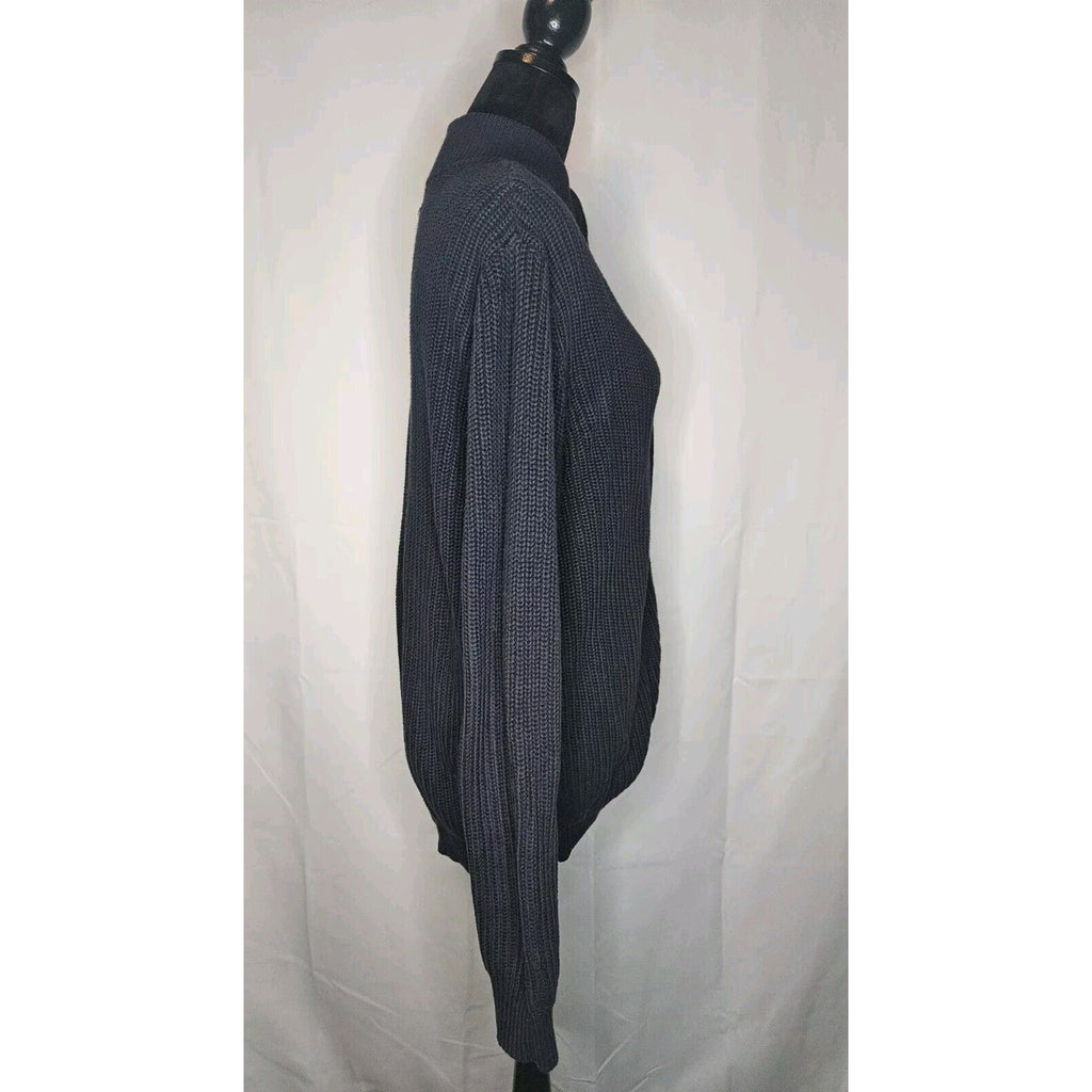 LL Bean Cotton Full Zip Cardigan Men Large Blue Chunky Ribbed Knit Sweater Vtg