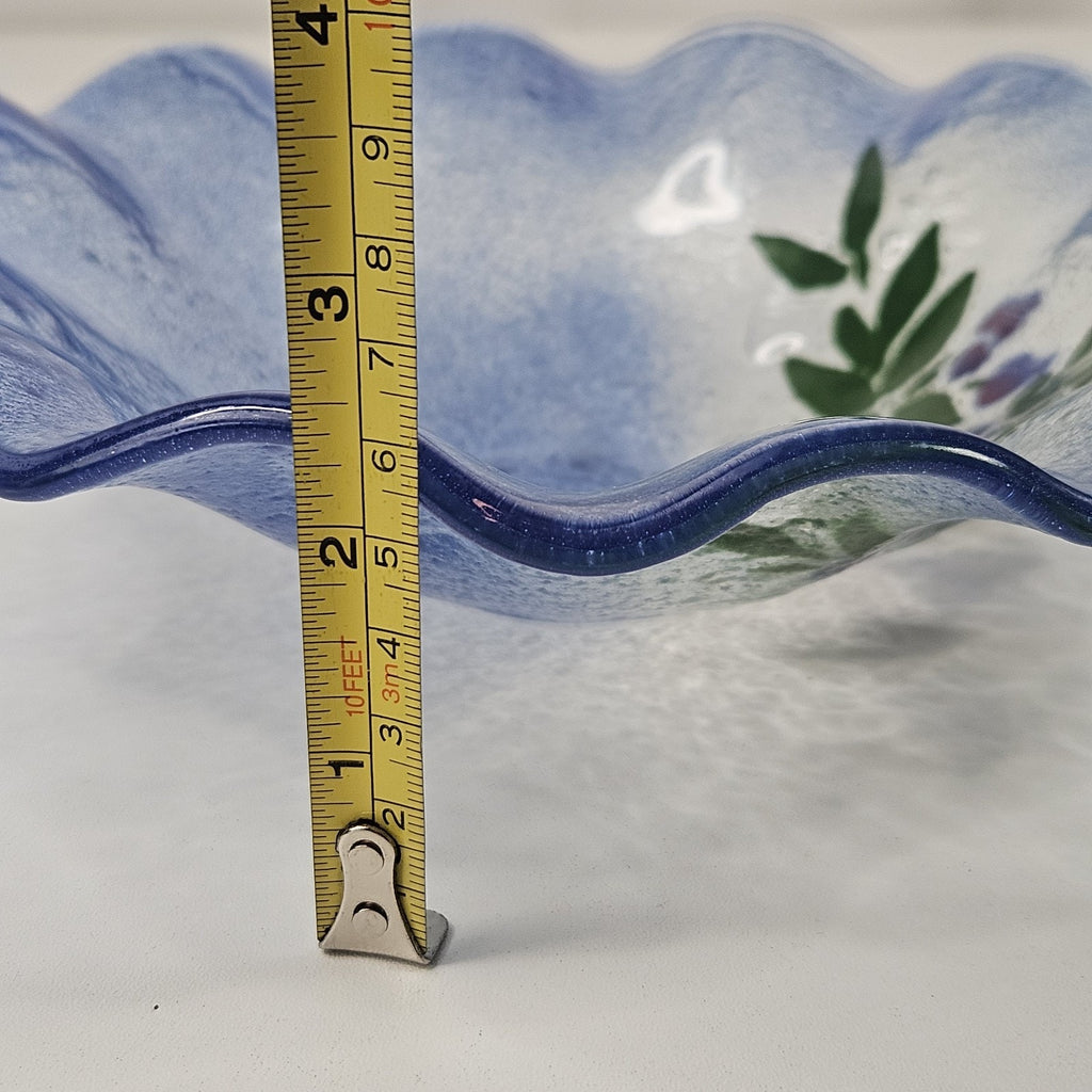 VINTAGE Hand Made Flower Pattern Fused Glass Textured Bowl Dish Ruffled Edge