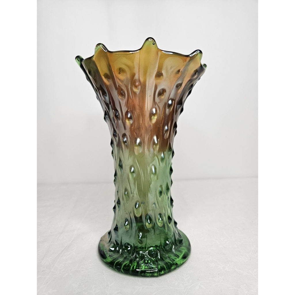 Vintage Northwood Green Carnival Stretch Squat Tree Trunk 7-1/2” Vase