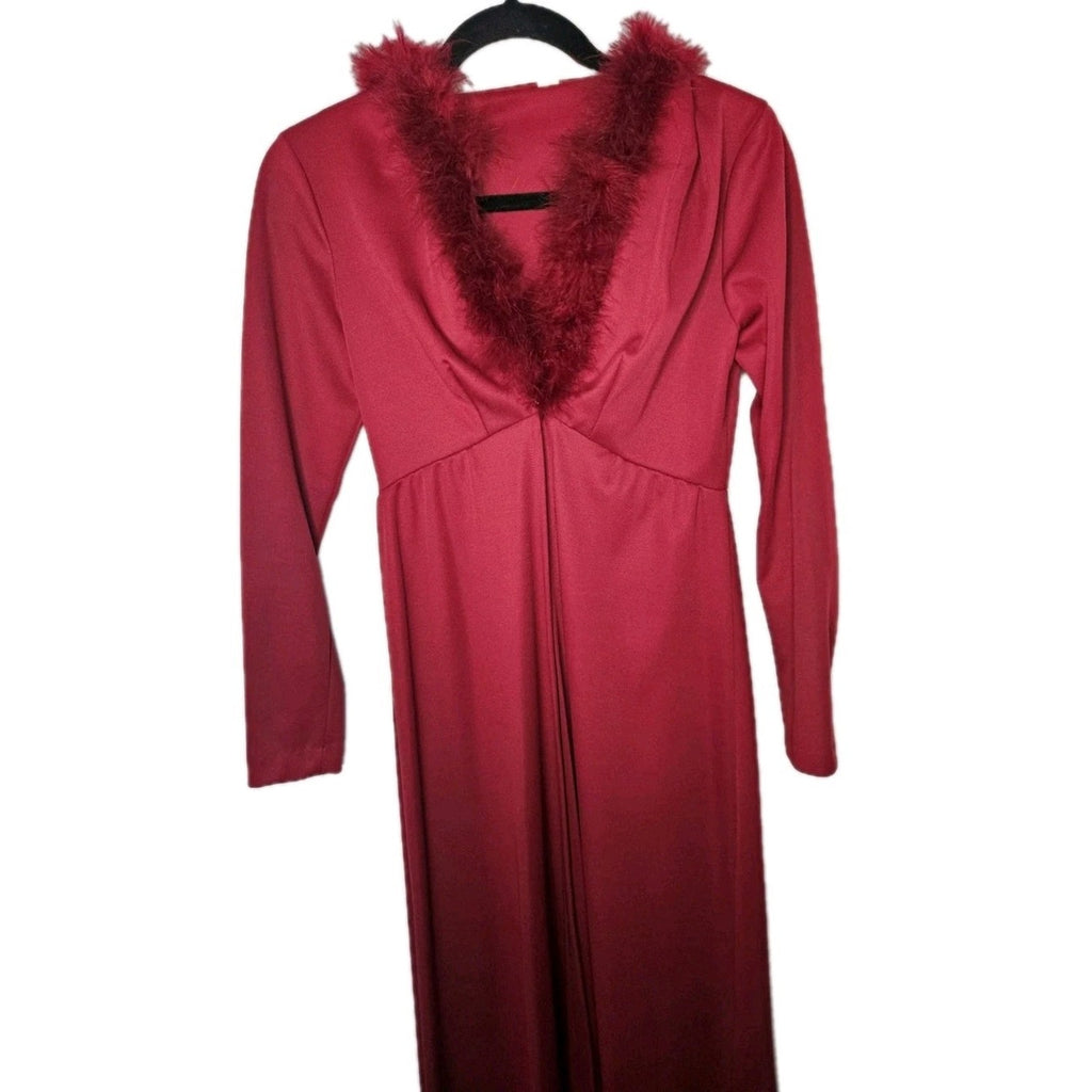 Vintage 70s Maroon Marabou Trim Hooded Robe Maxi Disco Robe Women's Size 5 S/M