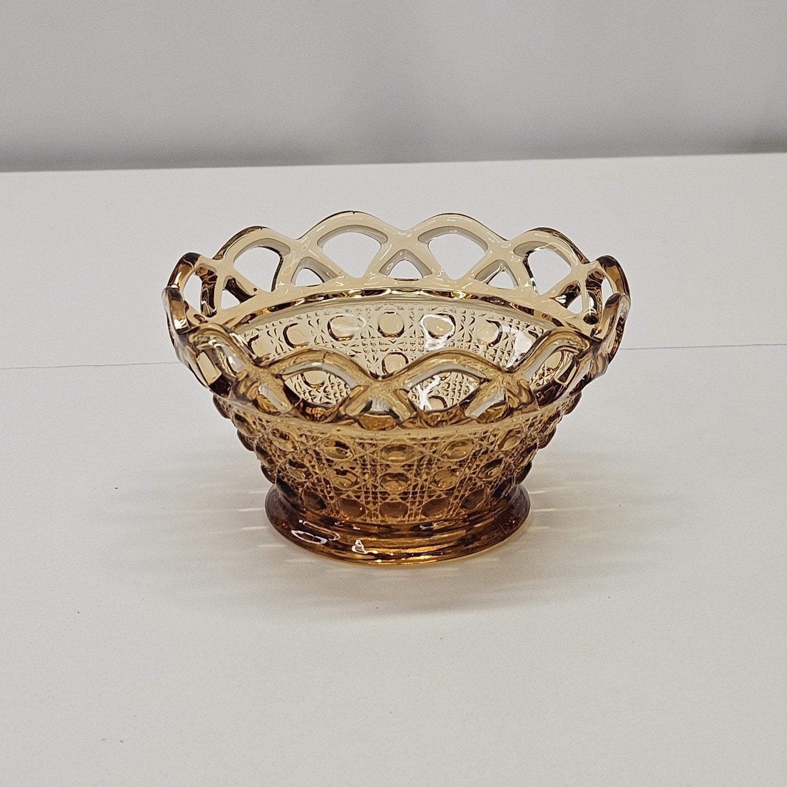 Vintage Imperial Glass Golden Amber Glass Bowl Button Weave Lattice Top 3" Retro