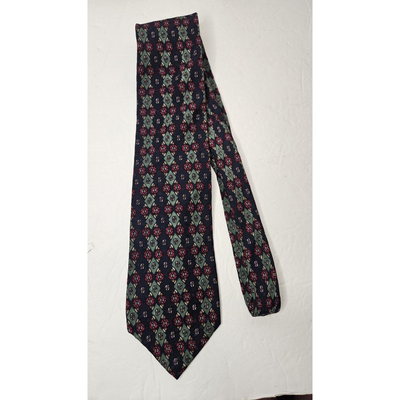 Vintage Paolo Bianco Silk Tie Red Blue Green Diamond Design 100% Silk USA Made