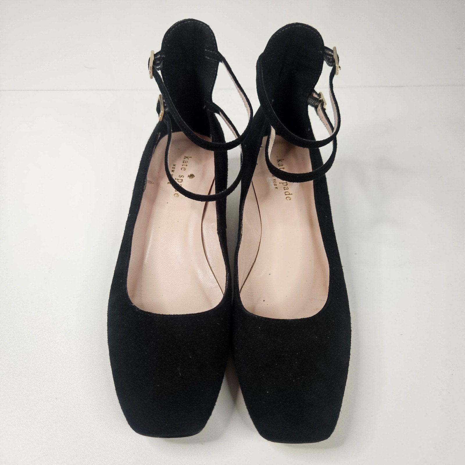 Kate Spade Black Mary Jane Suede Gold Glitter Block Shoe 6M Dbl Strap Square Toe