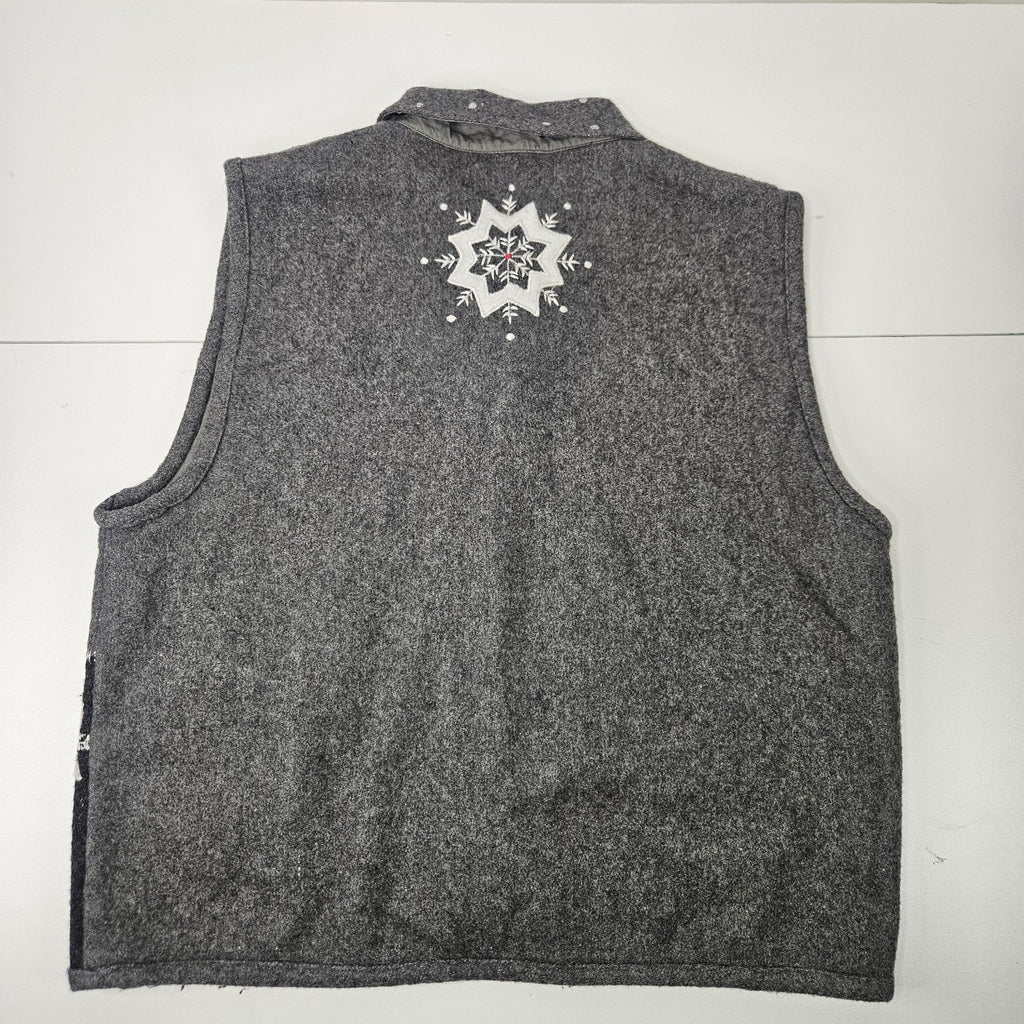 Vtg Wool Blend Vest Gray Large Snowflake Snowman Christmas Cottage Artsy