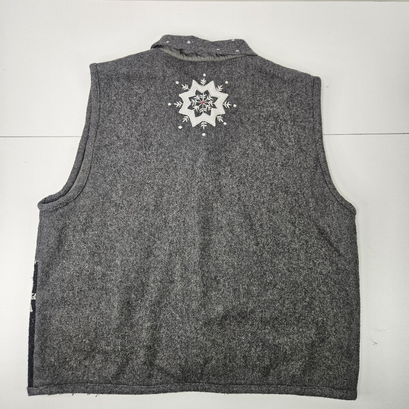 Vtg Wool Blend Vest Gray Large Snowflake Snowman Christmas Cottage Artsy