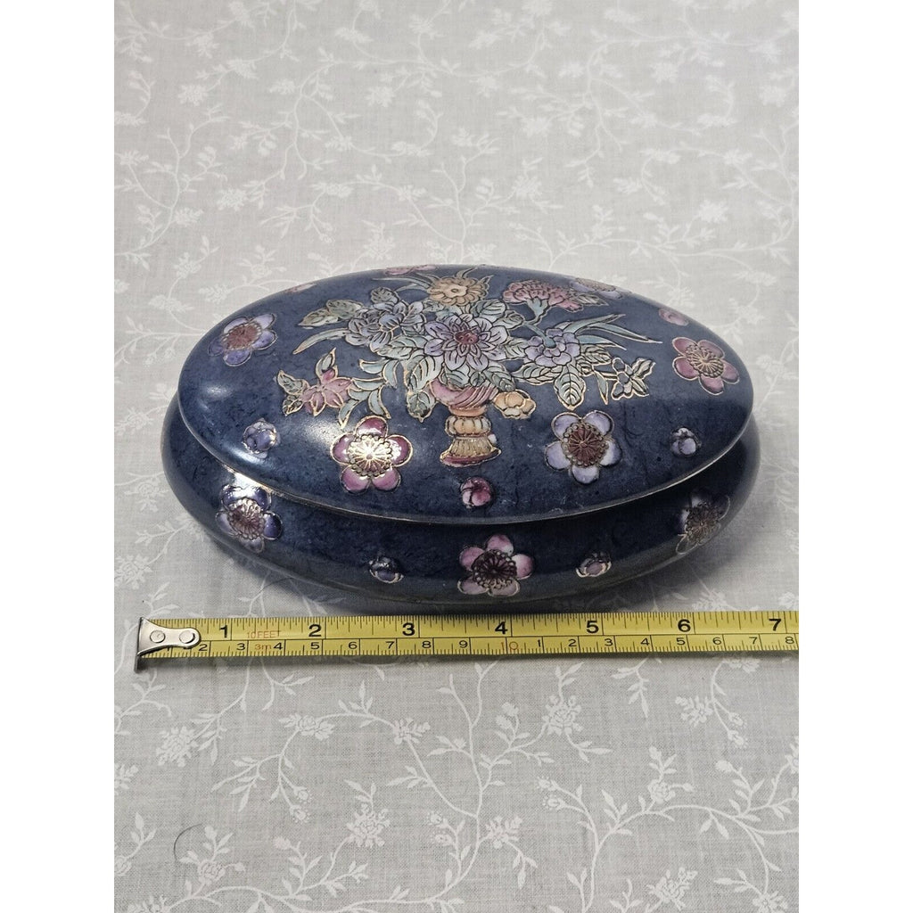 Vintage Toyo Like Trinket Dish with Lid Chinese Hand Painted Floral 2-Piece 6"