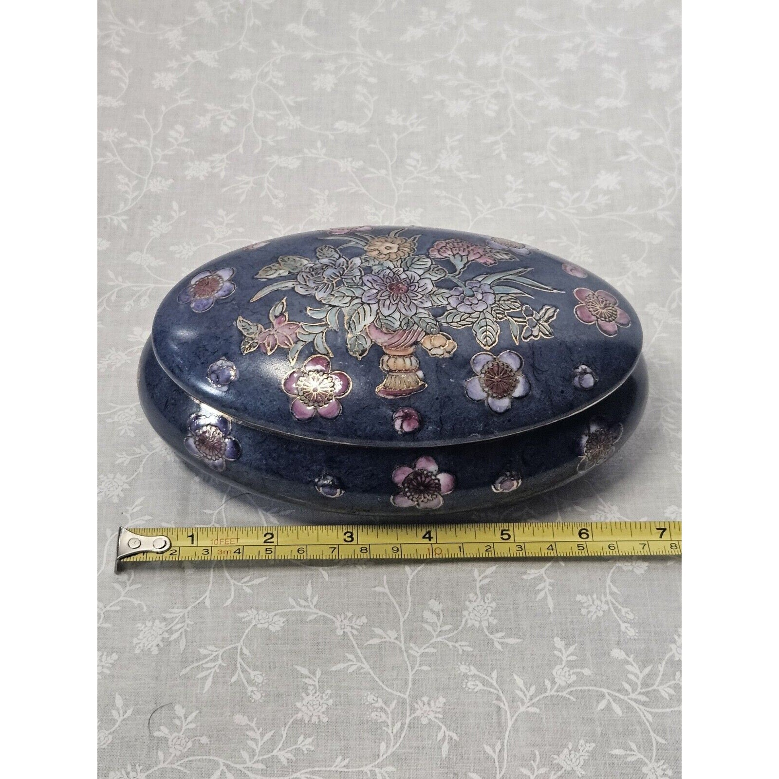 Vintage Toyo Like Trinket Dish with Lid Chinese Hand Painted Floral 2-Piece 6"