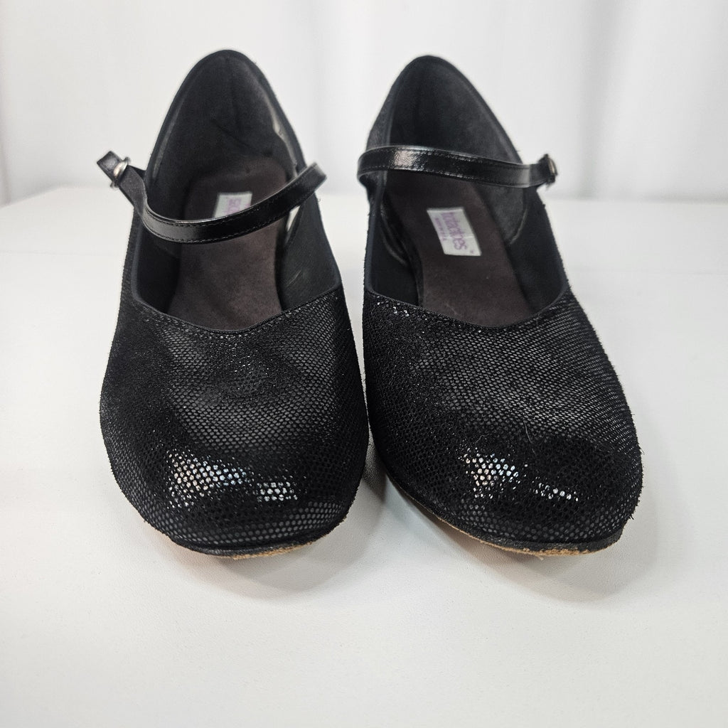 Vintage 90s Black Leather Glitter Mary Jane Round Toe Formal Dress Shoe 10.5 W