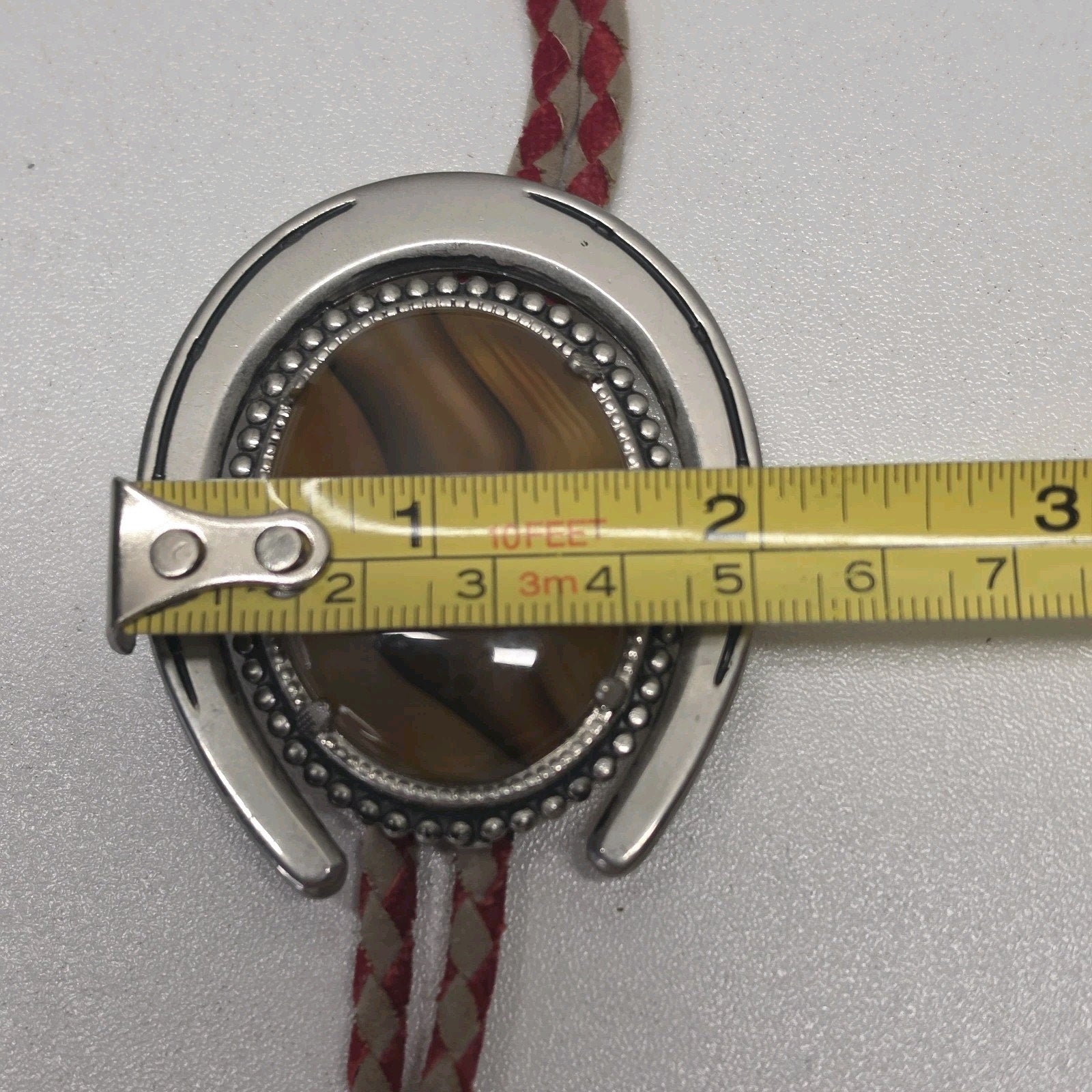 Vintage Western Banded Tigers Eye Agate Silver Tone Leather Western Bolo Tie